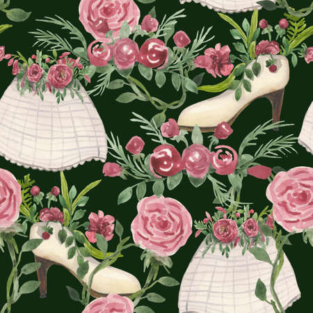 Watercolor pattern on the wedding theme, which includes roses on the stem with leaves, bride's shoes with decorative flowers and plants, bridal veil, wedding wreath on a brown background.の写真素材