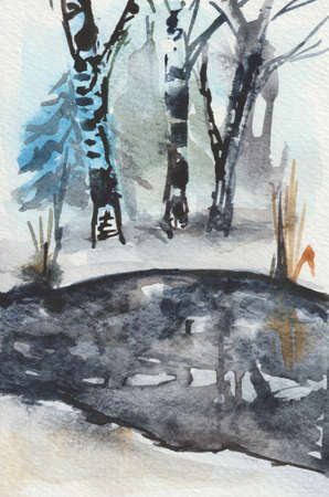 Winter landscape with trees and snowdrifts, ideal for New Years and Christmas. The watercolor painting is perfect for greeting cards.の写真素材