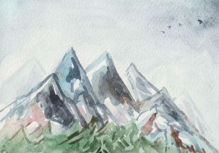 Watercolor landscape. Snow-covered highlands with elements of wild vegetation. For postcards and other nature-themed products in winterの写真素材