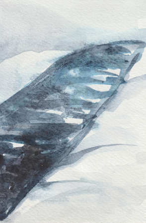 Winter watercolor landscape. An unfreezing river in the middle of a snowy plain. Image for greeting card or background for design composition.の写真素材