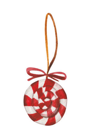Watercolor Christmas toy-lollipop in the form of a spiral. Element on a white background for compositions on the theme of winter holidaysの写真素材