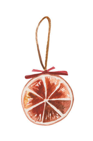 Watercolor Christmas tree toy-candy in the form of a tangerine slice. Element on a white background for compositions on the theme of winter holidaysの写真素材