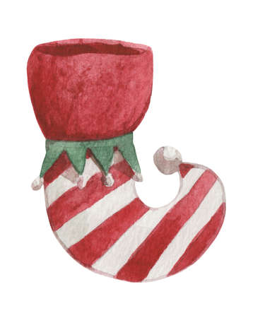 Watercolor knitted sock for gifts, place on the fireplace portal for Santa Claus. Element on a white background, hand-drawn. Decor for christmas design on the theme of winter holidays, new yearの写真素材