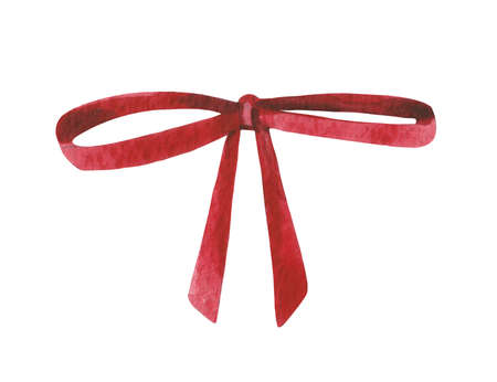 Bright festive bow in red, painted with watercolor on a white backgroundの写真素材