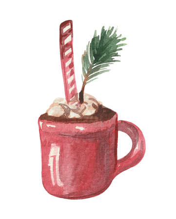 Red Cup of cocoa with marshmallows and a sprig of spruce - as a symbol of winter holidays, isolated, hand-drawn in watercolorの写真素材