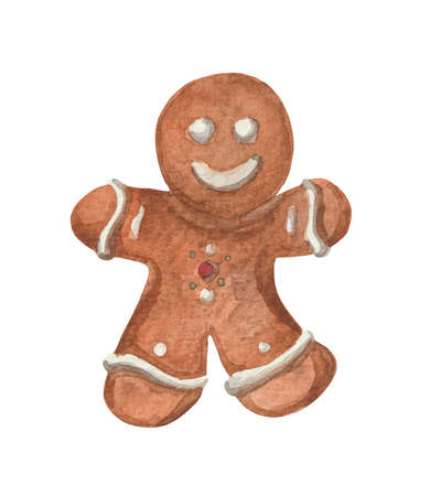 Watercolor ginger man. Christmas gingerbread on a white background for design compositions on the theme of New Year's holidaysの写真素材