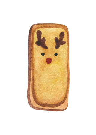 Watercolor Christmas cookies. Element on a white background for design compositions on the theme of New Year's holidays. The frosting contains an image of a funny Santas deerの写真素材