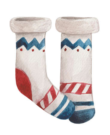 Watercolor knitted socks for gifts, place on the fireplace portal for Santa Claus. Element on a white background, hand-drawn. Decor for product design on the theme of winter holidays, new year, christの写真素材
