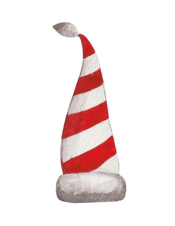 Watercolor hat of an elf, helper of Santa Claus. Element on a white background, hand-drawn. Decor for product design on the theme of winter holidays, new year, christmas, christmas eveの写真素材