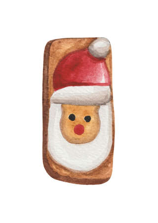 Watercolor Christmas cookies. Element on a white background for design compositions on the theme of New Year's holidays. The frosting contains an image of a funny Santa Clausの写真素材