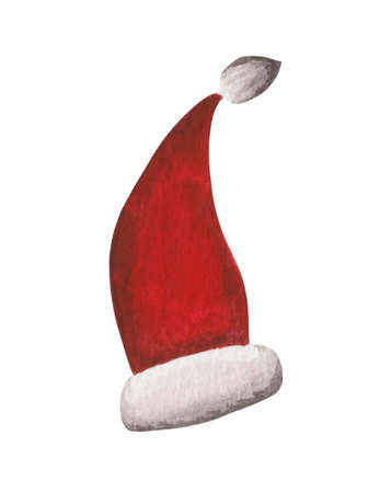 Watercolor hat of an elf, helper of Santa Claus. Element on a white background, hand-drawn. Decor for product design on the theme of winter holidays, new year, christmas, christmas eve.の写真素材