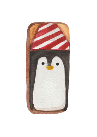 Watercolor Christmas cookies. Element on a white background for design compositions on the theme of New Year's holidays. The frosting contains an image of a funny penguin in a hat.の写真素材
