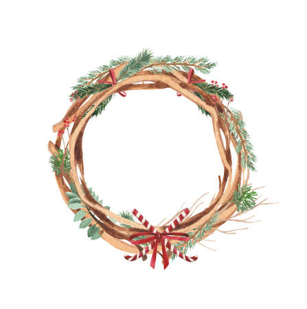 Watercolor Christmas wreath, decor on the front door. Element on a white background for design compositions on the theme of New Year's holidays.の写真素材
