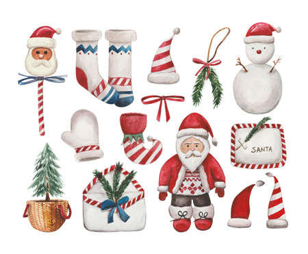 Large watercolor set on the theme of Christmas and New Year's holidays. Contains all the necessary elements for a beautiful composition. Santa Claus, a letter with a list of gifts, mantel socks etc.の写真素材
