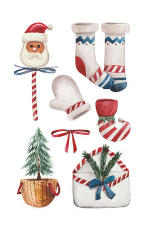 Small watercolor set on the theme of Christmas and New Year's holidays. Contains necessary elements for a beautiful composition. A letter with a list of gifts, mantel socks, Christmas tree, mittensの写真素材
