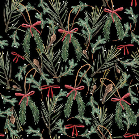Seamless patterns with the image of spruce branches, and Christmas decor. Hand-drawn watercolor picturesの写真素材