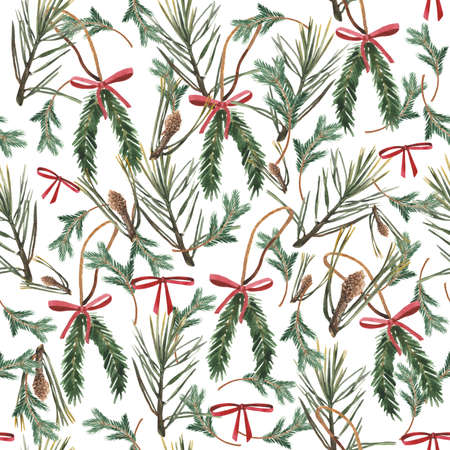 Seamless patterns with the image of spruce branches, and Christmas decor. Hand-drawn watercolor picturesの写真素材
