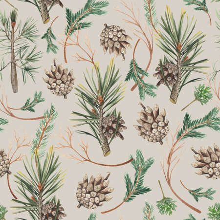 Seamless patterns with the image of spruce branches, and Christmas decor. Hand-drawn watercolor picturesの写真素材