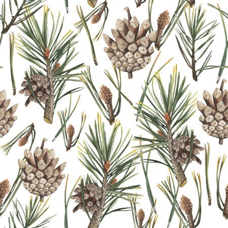 Seamless patterns with the image of spruce branches, and Christmas decor. Hand-drawn watercolor picturesの写真素材