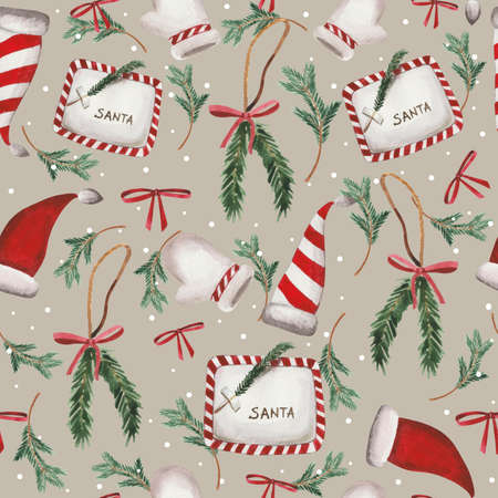 Watercolor seamless festive pattern on the theme of New Years and Christmas.の写真素材