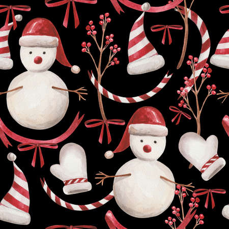 Christmas watercolor pattern. For wrapping paper and other New Year, Christmas, Christmas Eve-themed products. Snowman ,, mittens, a sprig of viburnum, ribbons, elf hats.の写真素材