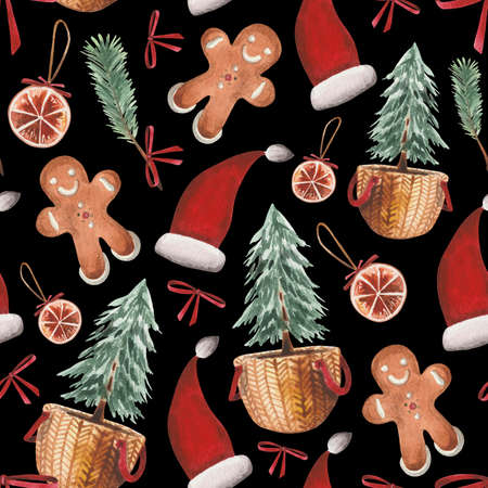 Watercolor seamless festive pattern on the theme of New Years and Christmas.の写真素材