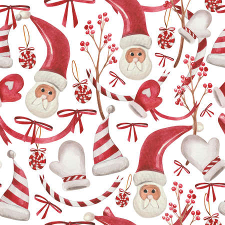 Christmas watercolor pattern. For wrapping paper and other New Year, Christmas, Christmas Eve-themed products. Santa Claus, Christmas tree toys, candies, mittens, a sprig of viburnum, ribbons.の写真素材