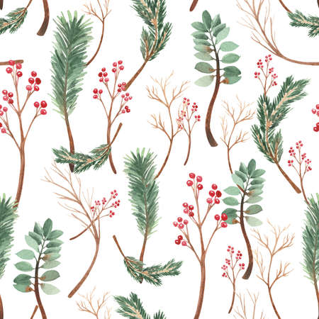 Seamless patterns with the image of spruce branches, and Christmas decor. Hand-drawn watercolor pictureの写真素材