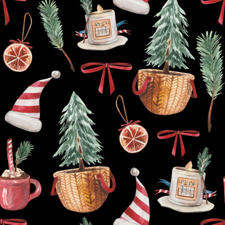 Christmas watercolor pattern. For wrapping paper and other winter holiday-themed products. A Christmas tree in a pot, a decorative candle, cocoa with marshmallows, a toy candy a ribbon, elf hat.の写真素材