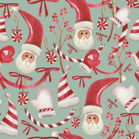 Christmas watercolor pattern. For wrapping paper and other New Year, Christmas, Christmas Eve-themed products. Santa Claus, Christmas tree toys, candies, mittens, a sprig of viburnum, ribbons.の写真素材