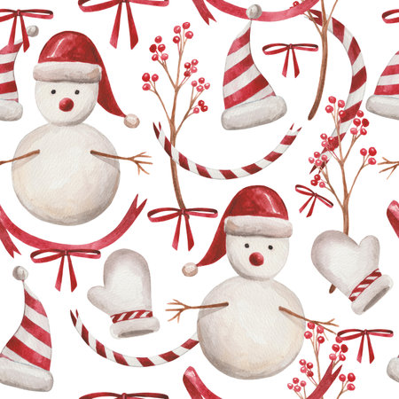 Christmas watercolor pattern. For wrapping paper and other New Year, Christmas, Christmas Eve-themed products. Snowman ,, mittens, a sprig of viburnum, ribbons, elf hats.の写真素材