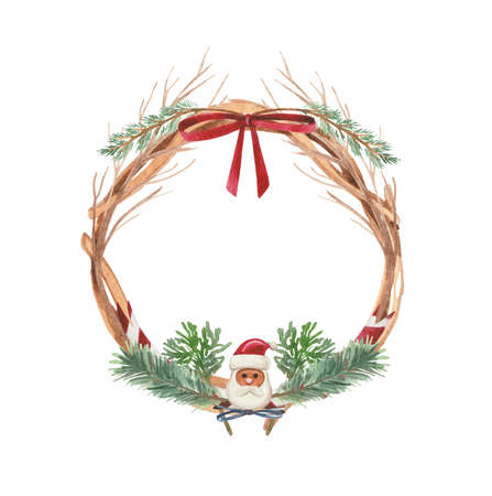 Watercolor Christmas wreath, decor on the front door. Element on a white background for design compositions on the theme of New Year's holidays.の写真素材