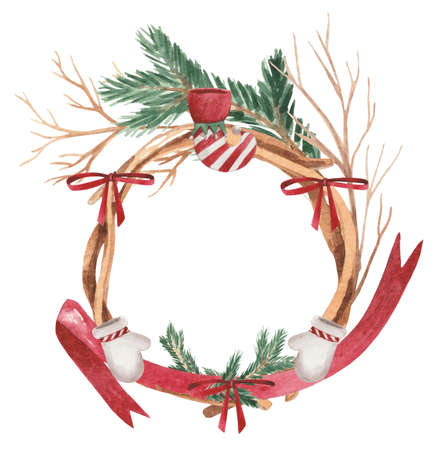 Watercolor Christmas wreath, decor on the front door. Element on a white background for design compositions on the theme of New Year's holidays.の写真素材