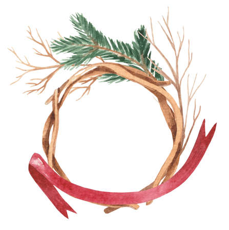 Watercolor Christmas wreath, decor on the front door. Element on a white background for design compositions on the theme of New Year's holidays.の写真素材