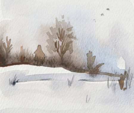 Watercolor winter countryside landscape. Snow-covered field with a wooden fence buried in snowdrifts. Against the background of a forest covered with haze.の写真素材