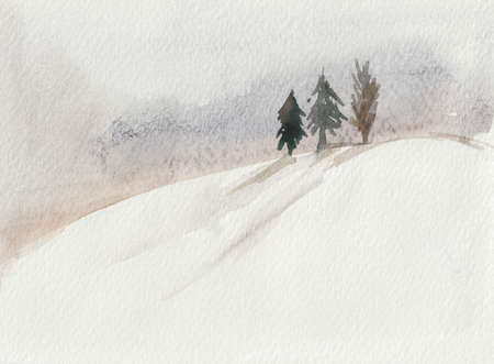 Watercolor winter countryside landscape. Snow-covered plains with lonely old trees, as if missing warm sunny days.の写真素材