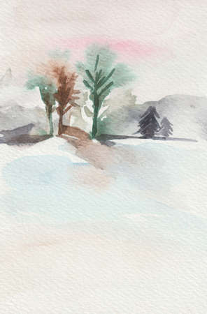 Watercolor winter countryside landscape. Snow-covered plains with lonely old trees, as if missing warm sunny days.の写真素材