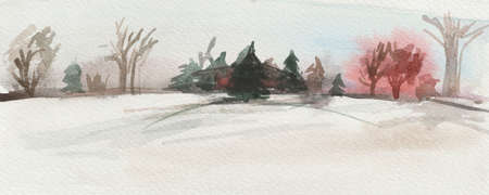 Watercolor winter countryside landscape. Snow-covered plains with lonely old trees, as if missing warm sunny days.の写真素材