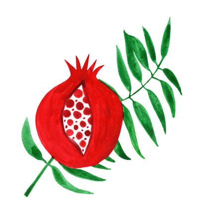 Decorative composition of pomegranates on leaves in the style of Ukrainian applied art of the early 20th century. Avant-garde painting with mixed colors. Isolated picture on a white background.の写真素材