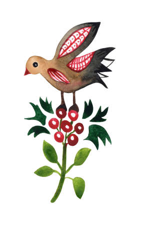Decorative composition of a bird on a viburnum branch in the style of Ukrainian applied art of the early 20th century. Avant-garde painting with mixed colors. Isolated picture on a white background.の写真素材