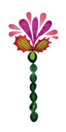 Decorative flower in the style of Ukrainian applied art of the early 20th century. Avant-garde painting with mixed colors. Isolated picture on a white background.の写真素材