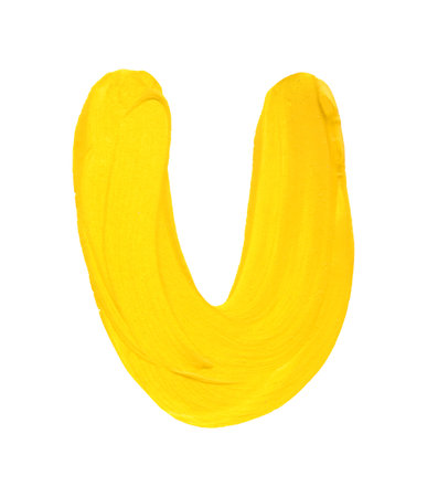 Letter U in bright yellow. Hand drawn on a white background.の写真素材