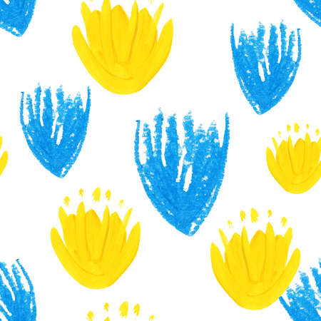 Seamless pattern in yellow blue colors, meaning the independence of Ukraine and its flag. Hand-drawn pictures on a white background.の写真素材