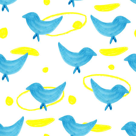 Seamless pattern in yellow blue colors, meaning the independence of Ukraine and its flag. Blue stylized birds - as a symbol of faith and freedom, as an expectation of the end of the war in Ukraine.の写真素材