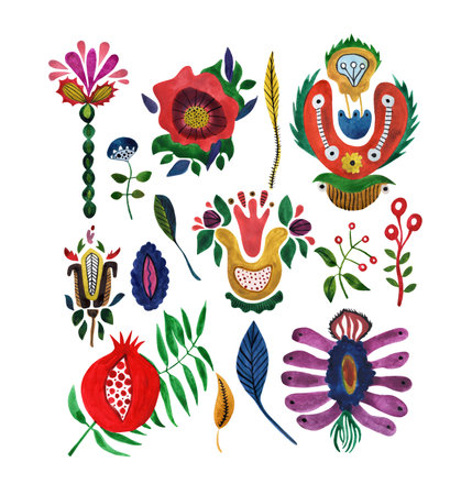 Set of watercolor decorative flowers of Ukraine in the style of primitivism on a white background. Colorful elements for stylish product design, fabric, souvenirs and printing.の写真素材