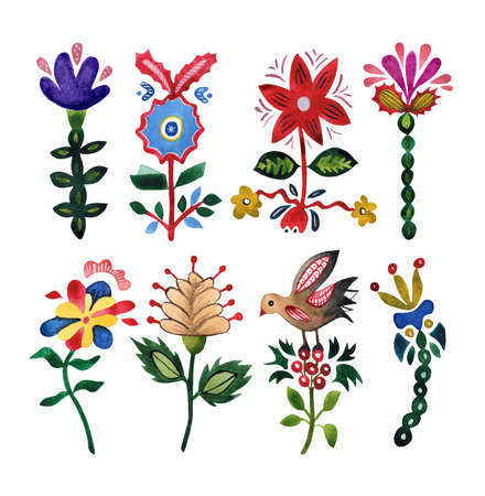 Set of watercolor decorative flowers of Ukraine in the style of primitivism on a white background. Colorful elements for stylish product design, fabric, souvenirs and printing.の写真素材