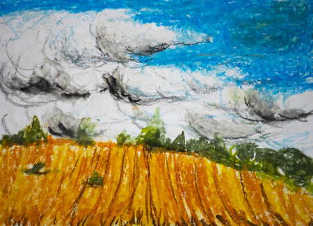 Landscape oil pastel wheat field against the backdrop of a forest belt. hand drawnの写真素材
