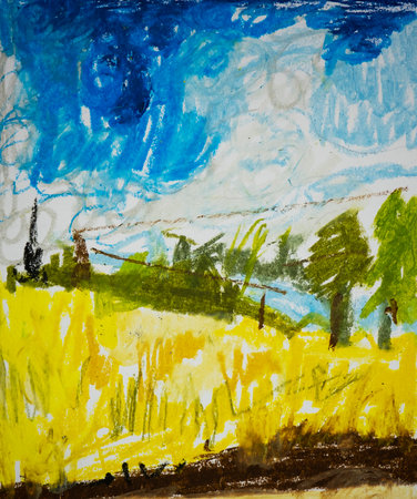 A farmer's wheat field with a forest belt against a blue sky with white clouds. Hand drawn with oil pastels.の写真素材