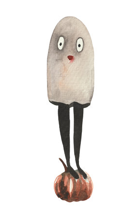 Hand drawn watercolor funny ghost. Isolated element on white background for Halloween themed designの写真素材