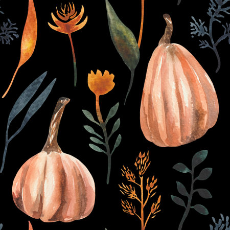 Hand drawn watercolor seamles pattern with autumn leaves, dried flowers, pumpkins. For design on the theme of Halloween, Thanksgiving, autumn farm fairsの写真素材